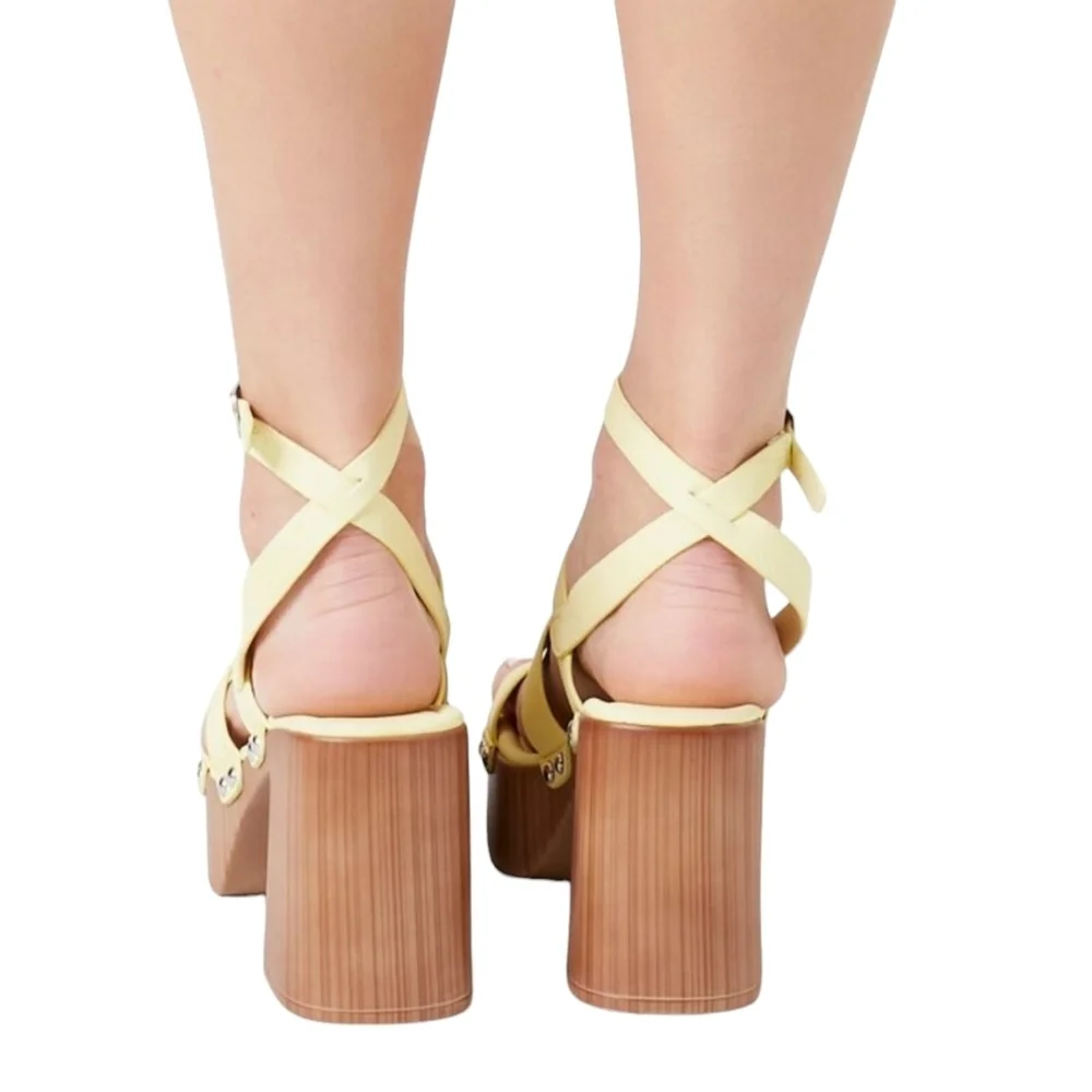 Forever 21 Strappy Block Heel Platform Sandals Size 9 Yellow Ankle Strap Light.